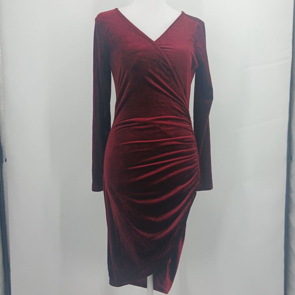 Guberry Faux Wrap Midi Dress Women's Small Burgundy Velvet Luxe Aesthetic